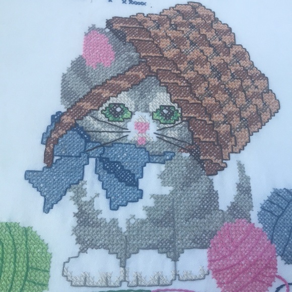VTG framed Knitting Kitten Cat cross stitch. Cat lovers. love me, love my cat. - Picture 2 of 6